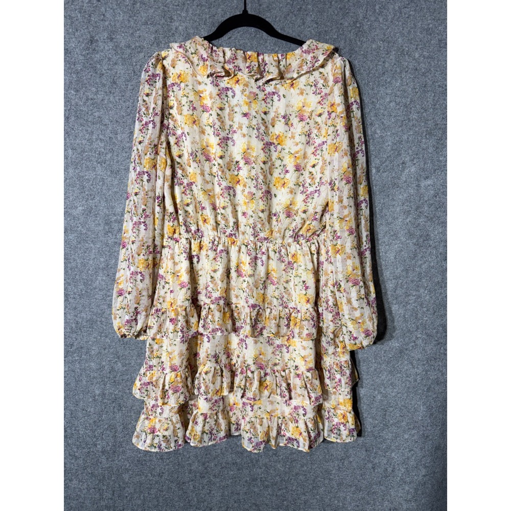 Lucy Paris Floral Ruffle Mini Dress Womens Size Medium Long Sleeve V-Neck Tiered - Picture 5 of 8